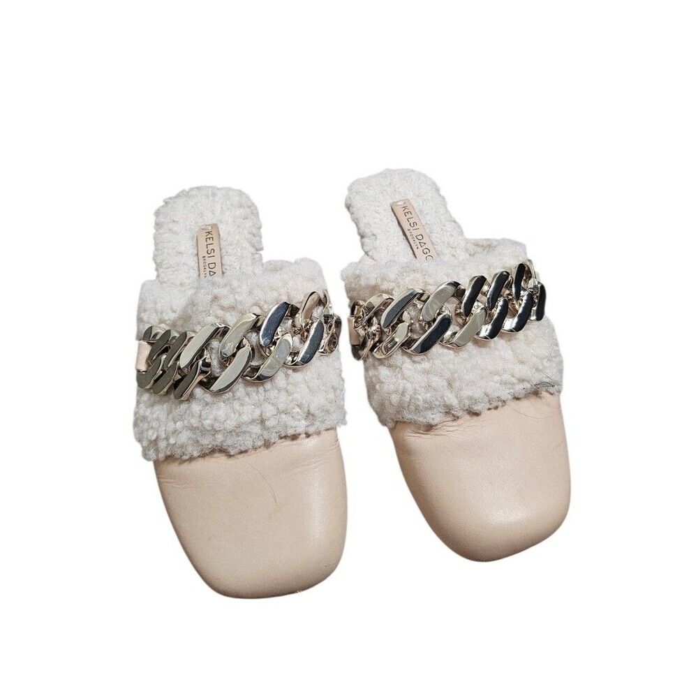 Kelsi Dagger Shearling Chain Leather Slip On Mules in Cream